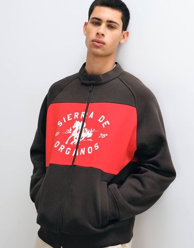 ASOS DESIGN ASOS DESIGN relaxed zip up sweatshirt with extended collar, cut & sew and print detail in brown