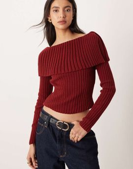 ASOS DESIGN ASOS DESIGN rib bardot sweater in burgundy-Red
