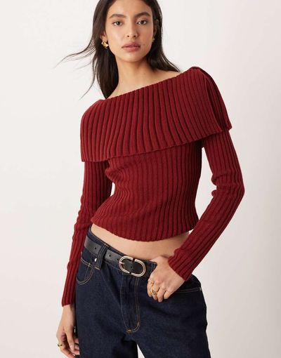 ASOS DESIGN ASOS DESIGN rib bardot sweater in burgundy-Red