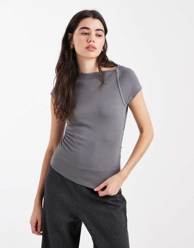 ASOS DESIGN ASOS DESIGN rib cap sleeve ruched detail T-shirt in charcoal-Gray