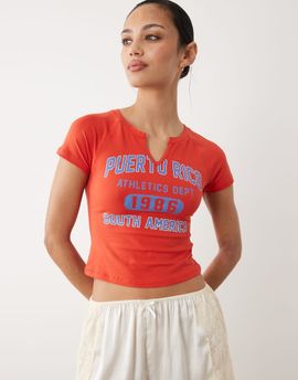 ASOS DESIGN ASOS DESIGN ribbed baby tee with Puerto Rico athletics graphic in red