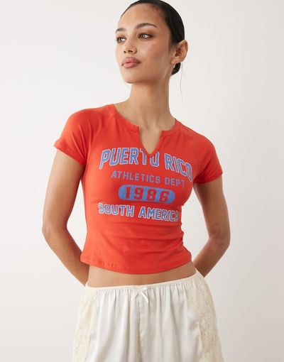 ASOS DESIGN ASOS DESIGN ribbed baby tee with Puerto Rico athletics graphic in red