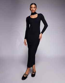 ASOS DESIGN ASOS DESIGN ribbed double layer midi dress with choker detail in black