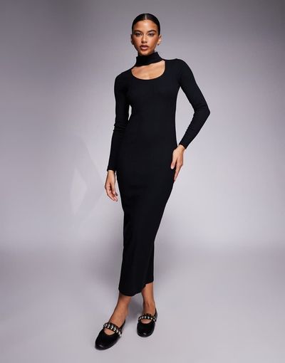 ASOS DESIGN ASOS DESIGN ribbed double layer midi dress with choker detail in black