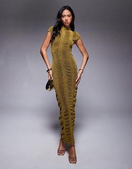 ASOS DESIGN ASOS DESIGN ribbed glitter cap sleeve midi bodycon dress in gold