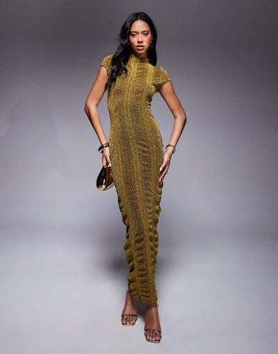 ASOS DESIGN ASOS DESIGN ribbed glitter cap sleeve midi bodycon dress in gold