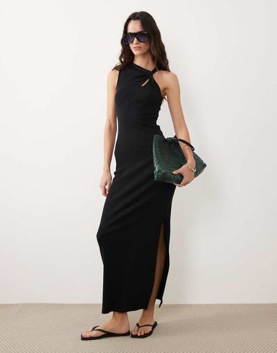 ASOS DESIGN ASOS DESIGN ribbed halter neck midaxi dress with keyhole detail in black