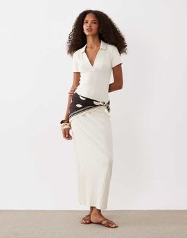 ASOS DESIGN ASOS DESIGN ribbed short sleeve polo midaxi dress in beige-Neutral