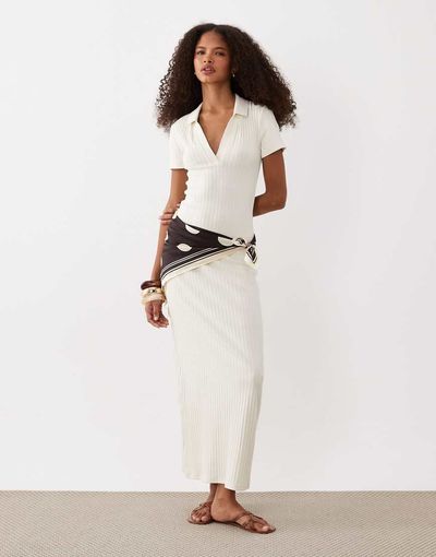 ASOS DESIGN ASOS DESIGN ribbed short sleeve polo midaxi dress in beige-Neutral