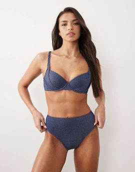 ASOS DESIGN ASOS DESIGN Riddy Azores glitter ribbed high waist high leg bikini bottom in slate blue