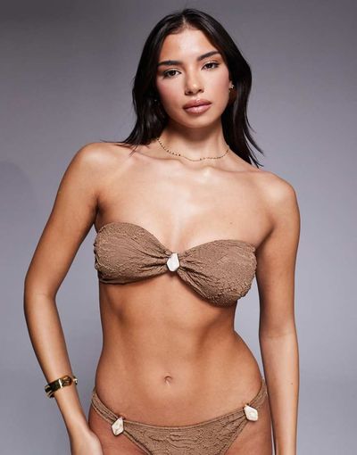 ASOS DESIGN ASOS DESIGN Riley resin Mykonos twisted padded bandeau bikini top in mocha-Brown