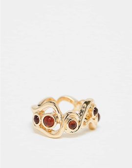 ASOS DESIGN ASOS DESIGN ring with wavy design and faux-amber stone settings in gold tone