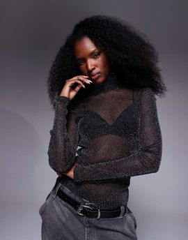 ASOS DESIGN ASOS DESIGN roll neck sheer metallic second skin mesh top in black