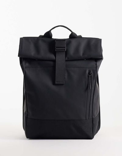 ASOS DESIGN ASOS DESIGN roll top clip rubberized backpack in black-Green