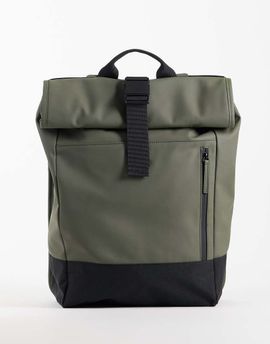 ASOS DESIGN ASOS DESIGN roll top clip rubberized backpack in green-Black