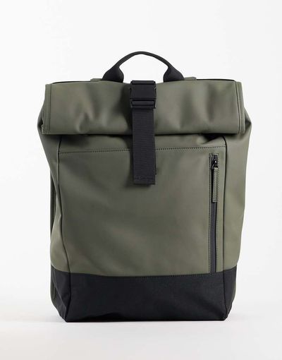 ASOS DESIGN ASOS DESIGN roll top clip rubberized backpack in green-Black