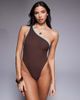 ASOS DESIGN ASOS DESIGN Ronnie rib contrast binding one shoulder swimsuit in chocolate-Black - 1