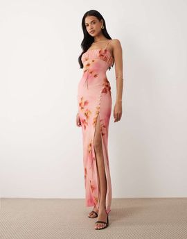 ASOS DESIGN ASOS DESIGN ruched bust stretch chiffon maxi dress with buttoned up slit detail in pink floral