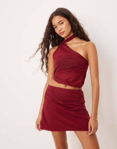 ASOS DESIGN ASOS DESIGN ruched detail mesh mini skirt in berry-Red