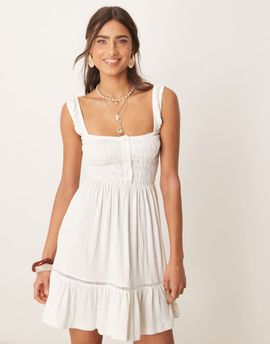 ASOS DESIGN ASOS DESIGN ruched square neck tiered mini dress with lace inserts in white