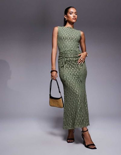 ASOS DESIGN ASOS DESIGN ruched waistband detail lace maxi dress in green