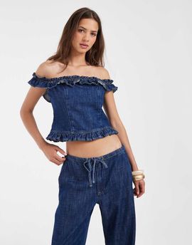ASOS DESIGN ASOS DESIGN ruffle bardot denim top in mid blue - part of a set