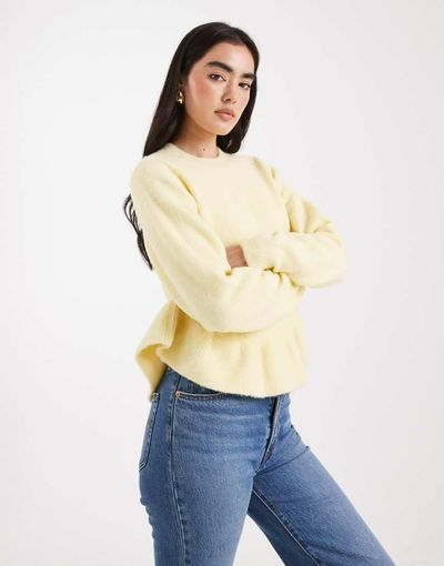 ASOS DESIGN ASOS DESIGN ruffle curved hem sweater in buttermilk-Yellow