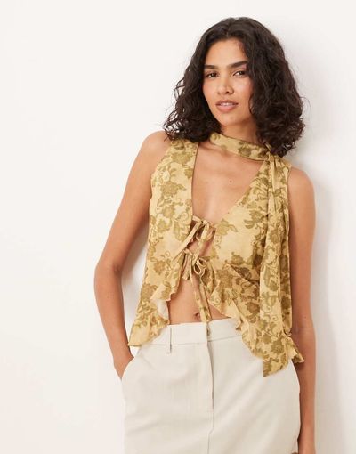 ASOS DESIGN ASOS DESIGN ruffle vest with scarf in green floral print-Multi