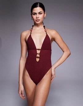 ASOS DESIGN ASOS DESIGN Ruth plunge neck cut out swimsuit with resin trim in burgundy-Red