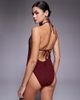 ASOS DESIGN ASOS DESIGN Ruth plunge neck cut out swimsuit with resin trim in burgundy-Red - 3