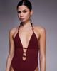 ASOS DESIGN ASOS DESIGN Ruth plunge neck cut out swimsuit with resin trim in burgundy-Red - 4