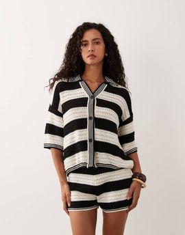 ASOS DESIGN ASOS DESIGN Sally knit button up beach top in black and cream stripes - part of a set-Multi