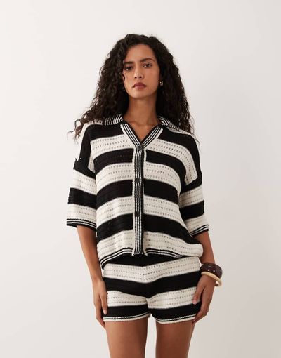 ASOS DESIGN ASOS DESIGN Sally knit button up beach top in black and cream stripes - part of a set-Multi