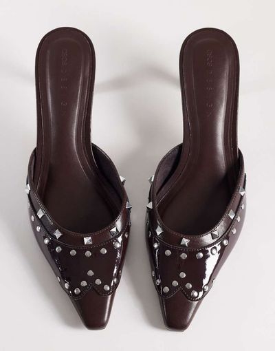ASOS DESIGN ASOS DESIGN Sammie studded western chisel toe heeled mules in chocolate-Multi