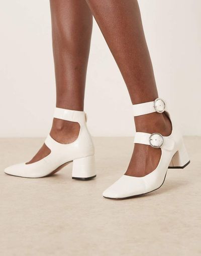 ASOS DESIGN ASOS DESIGN Sasha double buckle strap mid block heel shoes in off white croc