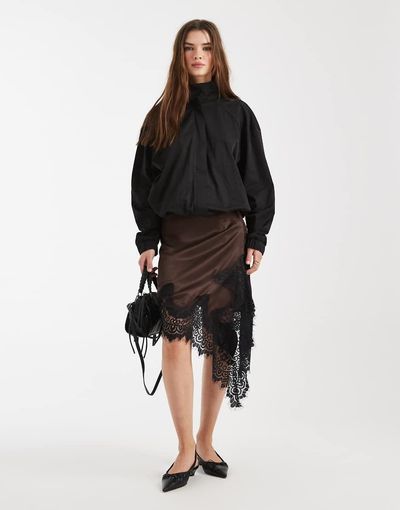 ASOS DESIGN ASOS DESIGN satin asymmetric lace trim mini skirt in chocolate-Brown