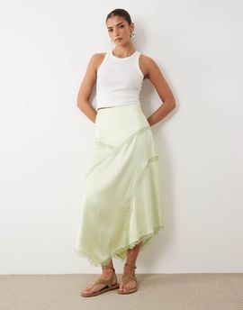 ASOS DESIGN ASOS DESIGN satin asymmetric maxi skirt with lace detail in matcha green