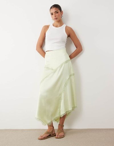 ASOS DESIGN ASOS DESIGN satin asymmetric maxi skirt with lace detail in matcha green