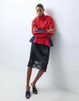 ASOS DESIGN ASOS DESIGN satin awkward length midi skirt in black with lace trim