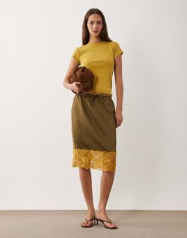 ASOS DESIGN ASOS DESIGN satin awkward length midi skirt in khaki and ochre with lace trim-Green