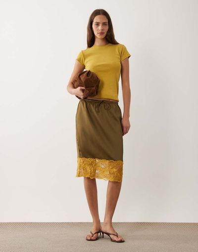 ASOS DESIGN ASOS DESIGN satin awkward length midi skirt in khaki and ochre with lace trim-Green