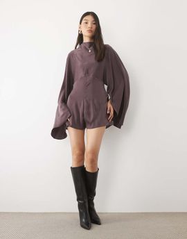 ASOS DESIGN ASOS DESIGN satin batwing romper with extreme sleeve in chocolate-Brown