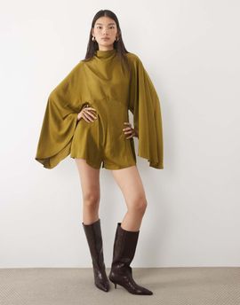 ASOS DESIGN ASOS DESIGN satin batwing romper with extreme sleeve in olive-Green