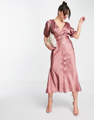 ASOS DESIGN ASOS DESIGN satin bias midi tea dress with belt in dark blush-Pink