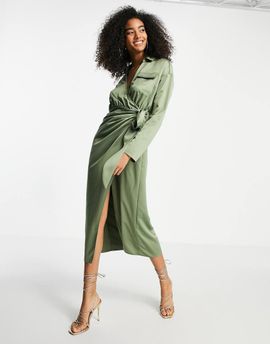 ASOS DESIGN ASOS DESIGN satin collared wrap midi shirt dress in khaki-Green