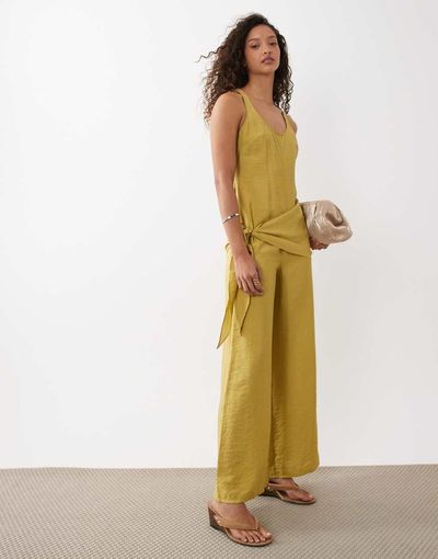 ASOS DESIGN ASOS DESIGN satin crinkle jumpsuit with scarf waist detail in chartreuse-Green