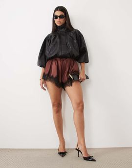 ASOS DESIGN ASOS DESIGN satin drawstring waist floaty shorts in chocolate with black lace trim-Brown