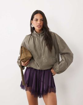 ASOS DESIGN ASOS DESIGN satin drawstring waist floaty shorts in purple with lace trim