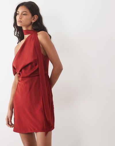 ASOS DESIGN ASOS DESIGN satin fallen shoulder romper with tie neck in burgundy-RED