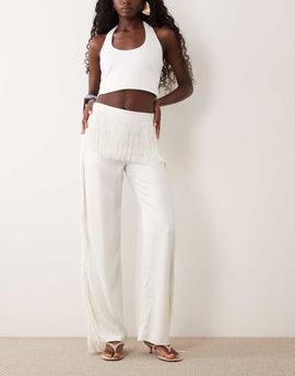 ASOS DESIGN ASOS DESIGN satin fringe wide leg pants in ivory-White